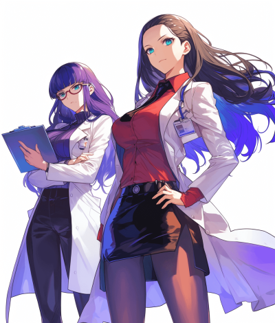 two anime girls, doctor and nurse, white coat with red shirt underneath and black skirt, purple hair in ponytail style, blue eyes, glasses, holding clipboards, standing side by side, white background, full body shot, concept art illustration, vibrant colors, high contrast, sharp details, high resolution, sharp focus, by [Artgerm](https://goo.gl/search?artist%20Artgerm), [WLOP](https://goo.gl/search?artist%20WLOP), Hsiao Ron Cheng, J Scott Campbell, [Krenz Cushart](https://goo.gl/search?artist%20Krenz%20Cushart), [Alphonse Mucha](https://goo.gl/search?artist%20Alphonse%20Mucha), [Mandy Disher](https://goo.gl/search?artist%20Mandy%20Disher), [Ismail Inceoglu](https://goo.gl/search?artist%20Ismail%20Inceoglu), Artstation, Comic Illustration, White Background