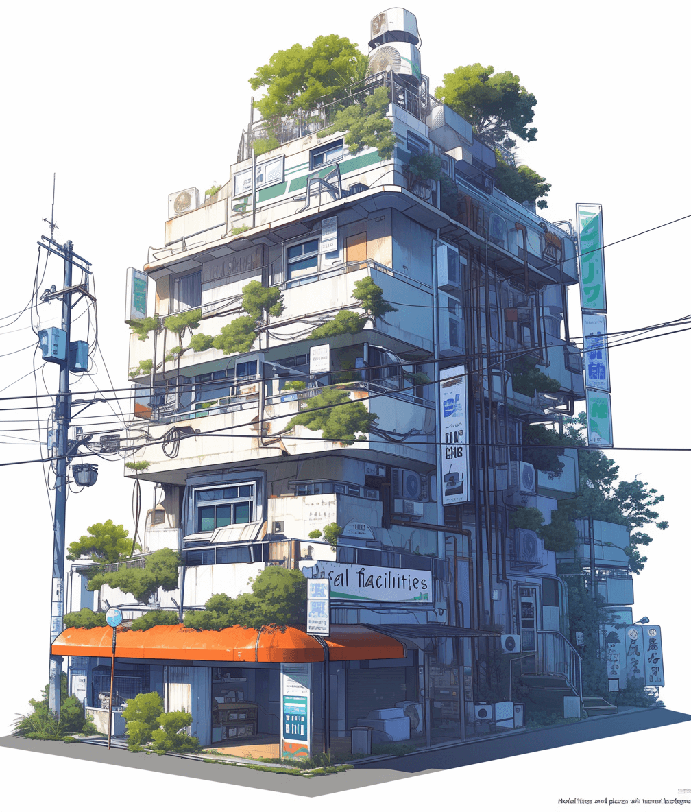 Anime and urban architecture concept art, depicting an apartment building with plants growing on the roof.