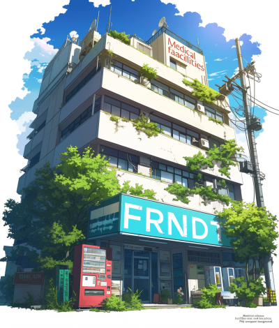 Fortnight", "Medical superb facility, urban background" anime manga cover with the text "FRNDI". A hospital building surrounded by greenery in front of it and a sign that says medical spa on top. In the style of [Makoto Shinkai](https://goo.gl/search?artist%20Makoto%20Shinkai). The letters "PaRiNtankuun" should be written above or below. In the [Studio Ghibli](https://goo.gl/search?artist%20Studio%20Ghibli) aesthetic. Pastel colors.