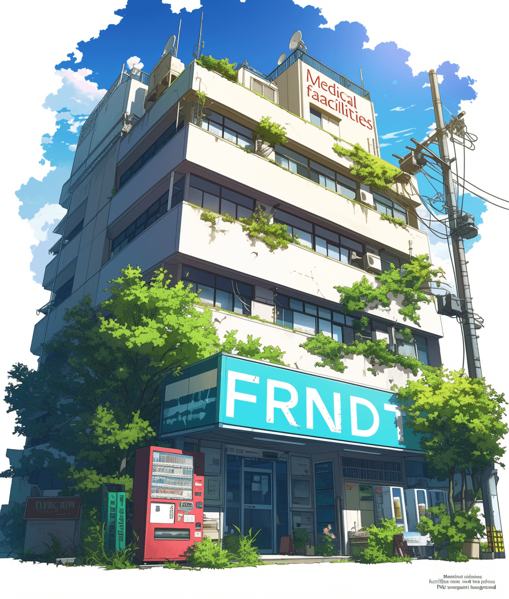 Fortnight”, “Medical superb facility, urban background” anime manga cover with the text “FRNDI”. A hospital building surrounded by greenery in front of it and a sign that says medical spa on top. In the style of [Makoto Shinkai](https://goo.gl/search?artist%20Makoto%20Shinkai). The letters “PaRiNtankuun” should be written above or below. In the [Studio Ghibli](https://goo.gl/search?artist%20Studio%20Ghibli) aesthetic. Pastel colors.