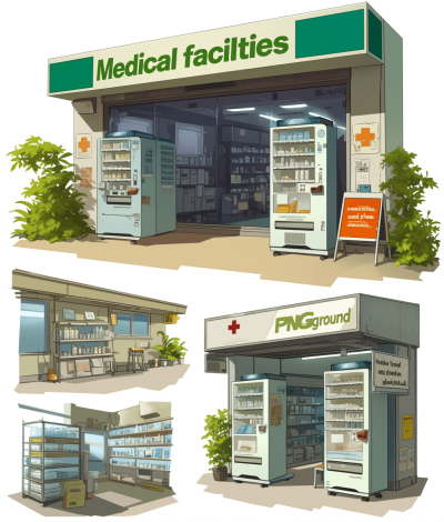 digital art vector illustrations multiple angles of "medical facility" set in the community with an open front door and inside is a pharmacy full display, on each side there's a vending machine, multiple different designs and color palettes, white background, no text