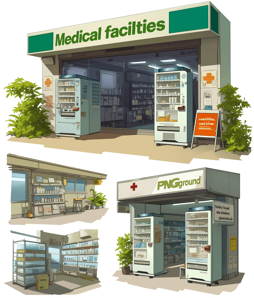 digital art vector illustrations multiple angles of “medical facility” set in the community with an open front door and inside is a pharmacy full display, on each side there’s a vending machine, multiple different designs and color palettes, white background, no text