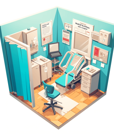 An isometric illustration of an office room with medical equipment and a "Medical activities" poster on the wall in light blue and teal colors in the style of vector art. The style is high resolution with no background details, suitable for game graphics. It has a simple yet detailed design with professional graphic design and detailed illustrations done in a digital painting style. High contrast shadows are used with isoseismic lighting and a naturalistic color palette. The illustration has high detail, quality and resolution with 3D rendering done in octane render style.