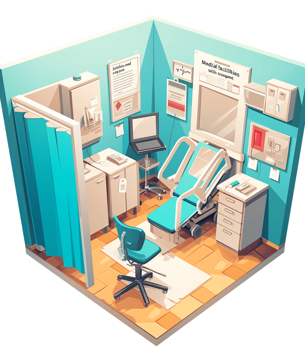 An isometric illustration of an office room with medical equipment and a “Medical activities” poster on the wall in light blue and teal colors in the style of vector art. The style is high resolution with no background details, suitable for game graphics. It has a simple yet detailed design with professional graphic design and detailed illustrations done in a digital painting style. High contrast shadows are used with isoseismic lighting and a naturalistic color palette. The illustration has high detail, quality and resolution with 3D rendering done in octane render style.