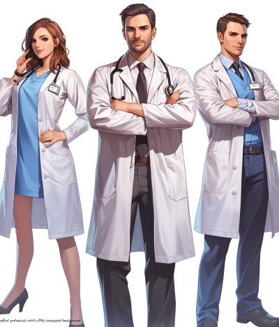 VECTOR STYLE, " Three male and female doctors in white coats with their arms crossed, full body portrait, blue scrubs top for the background, PMedium realistic, concept art by rossdraws, vibrant colors, solid color backgrounds, high resolution digital art on pixiv style paper, high details, high quality