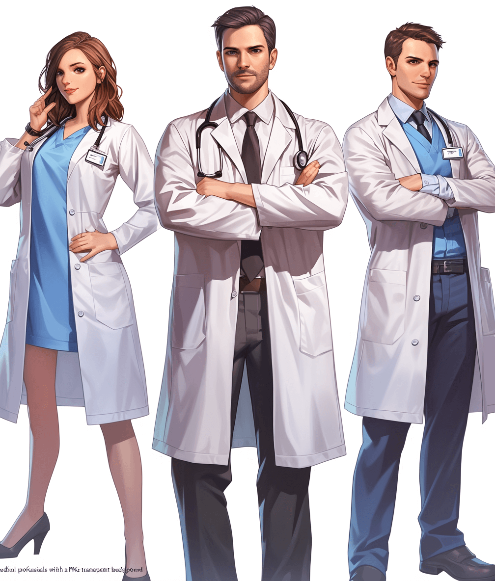 VECTOR STYLE, ” Three male and female doctors in white coats with their arms crossed, full body portrait, blue scrubs top for the background, PMedium realistic, concept art by rossdraws, vibrant colors, solid color backgrounds, high resolution digital art on pixiv style paper, high details, high quality