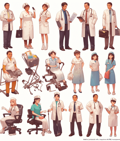 "Dressed in professional attire with medical tools and clipboards, doctors of various sizes stand ready to cook up somenessiness! The illustration is filled with characters such as nurses wearing scrubs or white coats, surrounded by wheelchairs, crutches, and other elements from the hospital setting with elements like ultra realistic photo realism. No background" . cartoon style vector design, character sheet for game assets. 2d, flat colors, low poly model, low detail, white background, high resolution in the style of game assets.