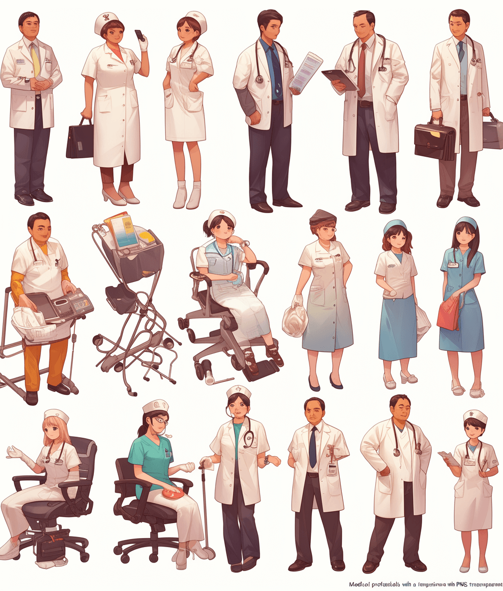 “Dressed in professional attire with medical tools and clipboards, doctors of various sizes stand ready to cook up somenessiness! The illustration is filled with characters such as nurses wearing scrubs or white coats, surrounded by wheelchairs, crutches, and other elements from the hospital setting with elements like ultra realistic photo realism. No background” . cartoon style vector design, character sheet for game assets. 2d, flat colors, low poly model, low detail, white background, high resolution in the style of game assets.