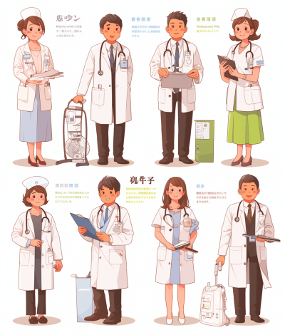 A set of illustrations in Japanese style, featuring doctor characters wearing white coats and holding medical equipment such as clipboards or photo Nikon D850 DSLR with lens HDR realistic studio lighting