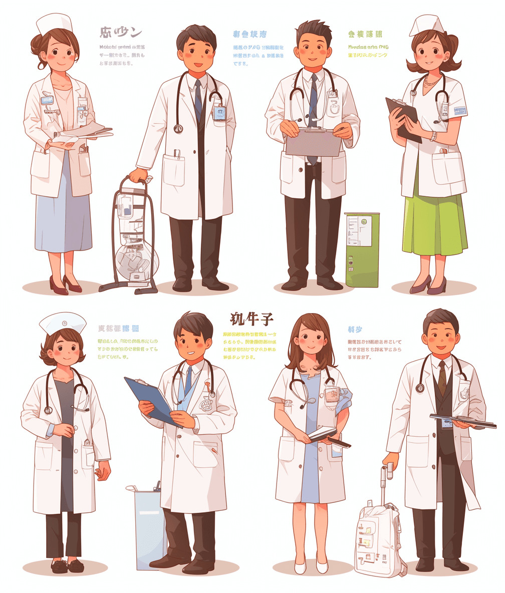 A set of illustrations in Japanese style, featuring doctor characters wearing white coats and holding medical equipment such as clipboards or photo Nikon D850 DSLR with lens HDR realistic studio lighting