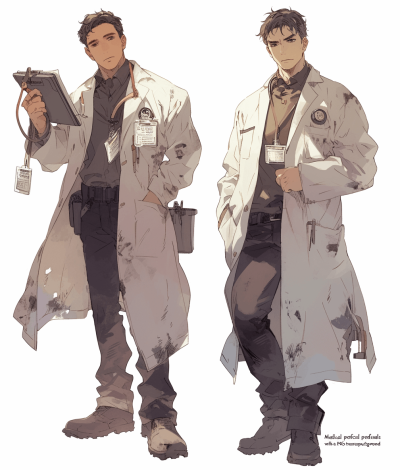 Character design sheet, character concept art of two young male doctors with lab coats and stethoscopes holding clipboards in an anime style, full body, white background, detailed , detailed facial features, detailed skin texture, full length portrait, detailed hands, detailed shoes, full length shot, digital painting in the style of [Atey Ghailan](https://goo.gl/search?artist%20Atey%20Ghailan), [James Jean](https://goo.gl/search?artist%20James%20Jean), [Greg Rutkowski](https://goo.gl/search?artist%20Greg%20Rutkowski) and "The perfect shift from the professional side to his personal life" in the style of [Frank Frazetta](https://goo.gl/search?artist%20Frank%20Frazetta).