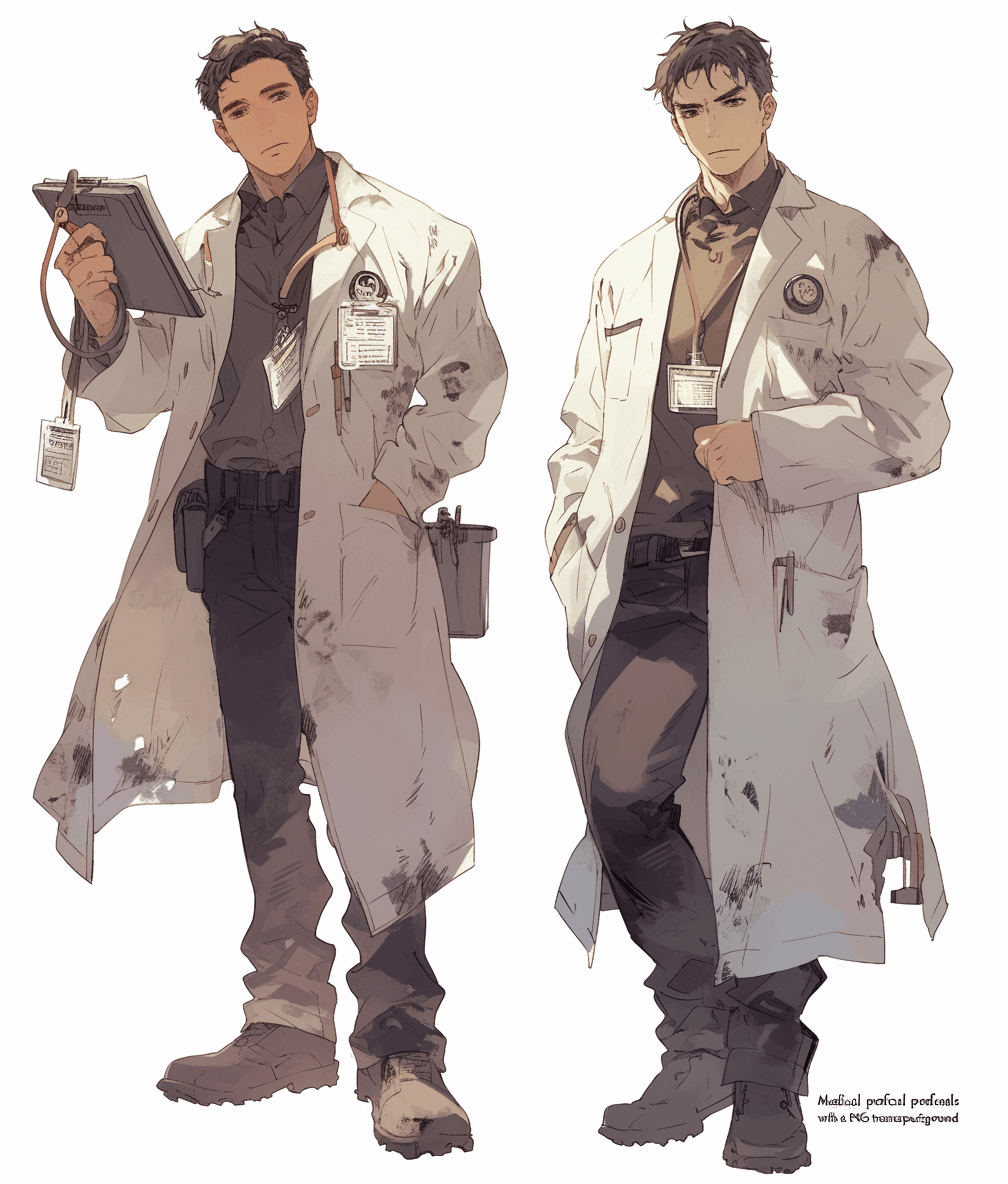 Character design sheet, character concept art of two young male doctors with lab coats and stethoscopes holding clipboards in an anime style, full body, white background, detailed , detailed facial features, detailed skin texture, full length portrait, detailed hands, detailed shoes, full length shot, digital painting in the style of [Atey Ghailan](https://goo.gl/search?artist%20Atey%20Ghailan), [James Jean](https://goo.gl/search?artist%20James%20Jean), [Greg Rutkowski](https://goo.gl/search?artist%20Greg%20Rutkowski) and “The perfect shift from the professional side to his personal life” in the style of [Frank Frazetta](https://goo.gl/search?artist%20Frank%20Frazetta).