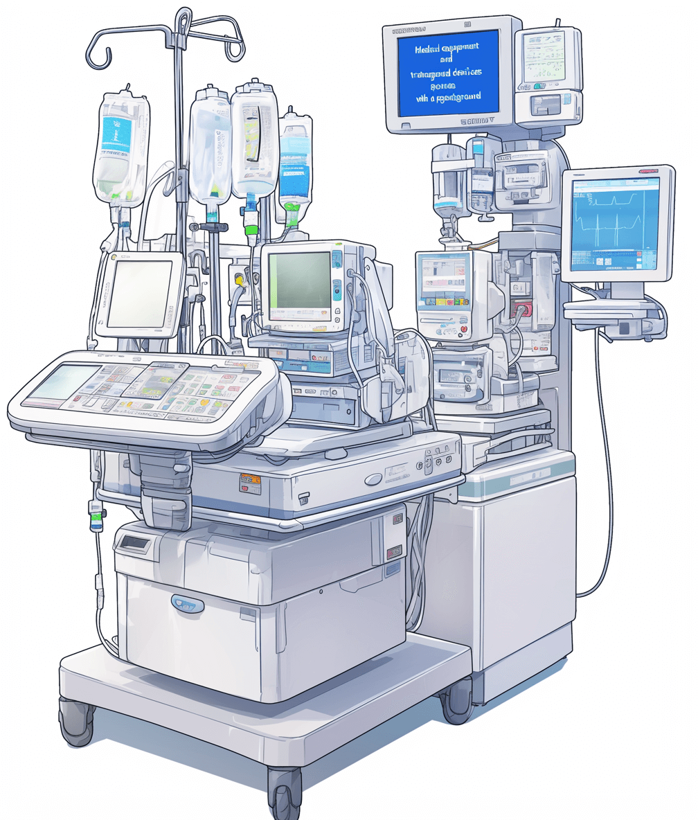 A medical device for infusing liquid to the patient’s body, drawn in an anime style with a white background. The machine is on top of an attractive metal stand and has multiple monitors displaying data about heart function and some wires connected from it into various machines attached to one another by tubes that transport fluid between them. There’s also a “VECTOR” sign hanging above everything. It looks like something you could find at Apple or in the style of a modern design company would use as artwork.