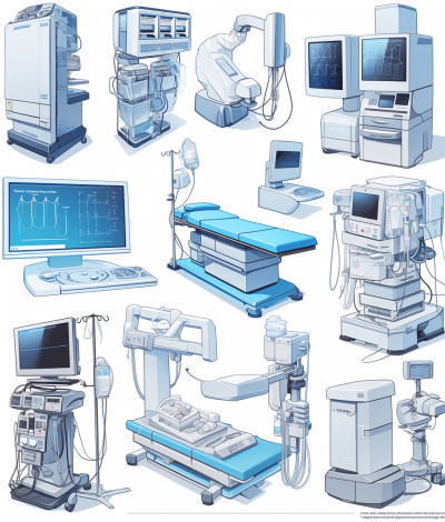 A set of illustrations depicting medical equipment, with detailed drawings and realistic textures. The background is white, creating contrast between the blue tones on various instruments such as monitors, beds, chairs, robotic arms, computers, etc., with no shadows or text. Each element has clear details and lines to highlight its appearance. There should be an overall composition suitable for use in digital drawing software, with different angles of view and multiple perspectives.