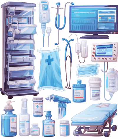 A set of medical equipment, including an E KoWindow monitor and other instruments, is displayed in cartoon style on white background. The scene includes various items such as IV bottles with label "MedicaltStr较量e", stethoscope, first aid kit, bed for patient care, mask or protective gear, video Klein pure blue color theme, high resolution, no text. vector graphics, no shadows, white isolated background.