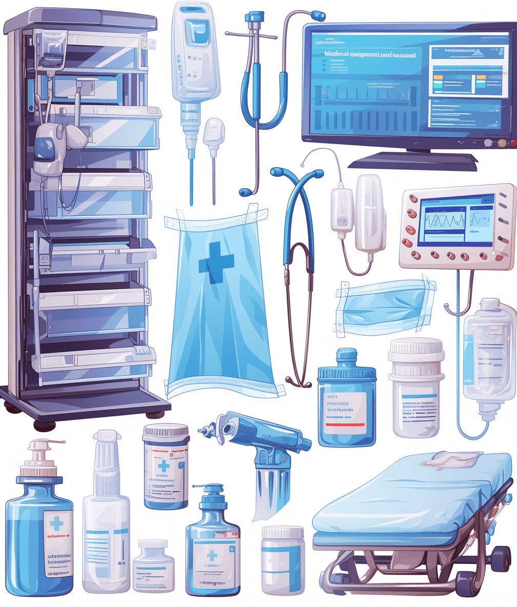 A set of medical equipment, including an E KoWindow monitor and other instruments, is displayed in cartoon style on white background. The scene includes various items such as IV bottles with label “MedicaltStr较量e”, stethoscope, first aid kit, bed for patient care, mask or protective gear, video Klein pure blue color theme, high resolution, no text. vector graphics, no shadows, white isolated background.