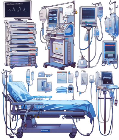 A vector illustration of various medical equipment, such as IV monitors and life support machines arranged in an organized manner on the hospital bed. The color scheme is mainly blue with white background. There should be no shadows or text. This design could include elements like clip art style illustrations of EMS machines and other elements to create a full set for graphic designers who need these images. No black border. Isolated on a blank white background. Vector graphics in the style of clip art.