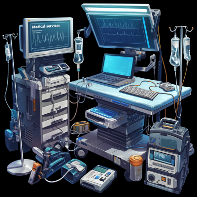 A medical equipment set for game design, including an "Arseniy" monitor and several various devices such as "American,"", the table is covered with life support machines, monitors showing heart rate, E])){. character sheet concept art cartoon style, game asset concept art, concept of digital assets for mobile game "circ Vegas services". Black background. no text.