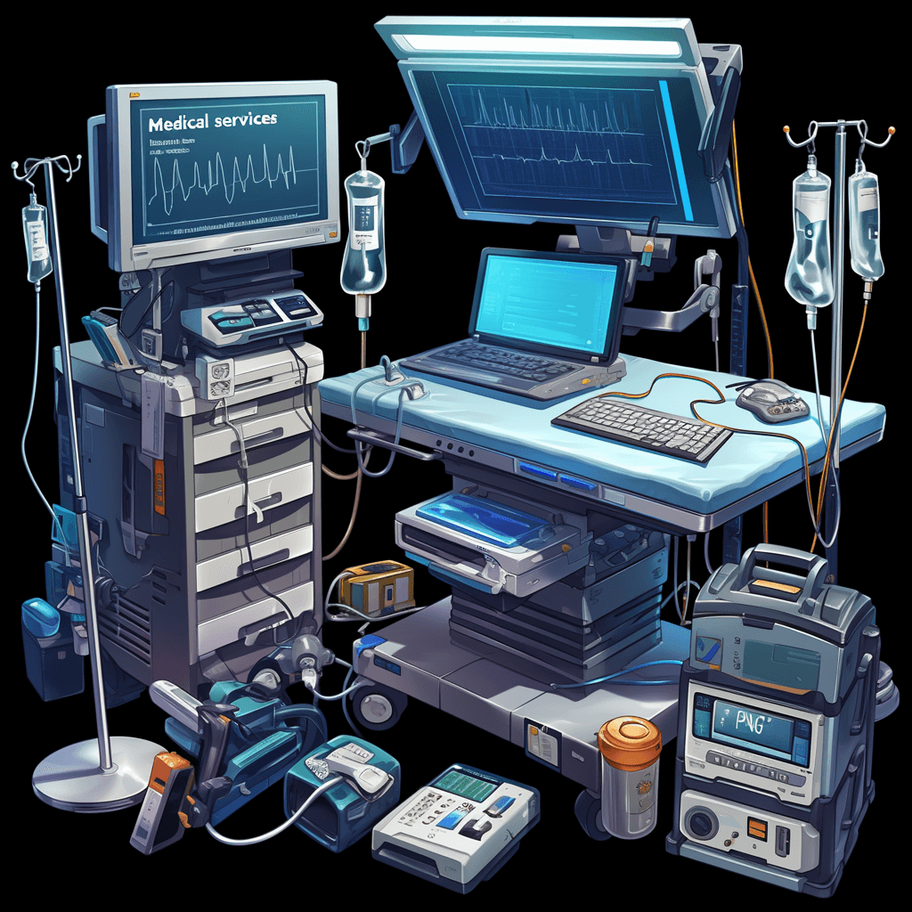 A medical equipment set for game design, including an “Arseniy” monitor and several various devices such as “American,””, the table is covered with life support machines, monitors showing heart rate, E])){. character sheet concept art cartoon style, game asset concept art, concept of digital assets for mobile game “circ Vegas services”. Black background. no text.