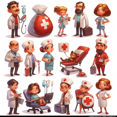 A set of cartoon-style characters for a medical theme, featuring doctors and nurses in various positions with different equipment like a bag full of red cross signs, seen in the style of Luigi B's online game on a white background, vector illustrations with perfectly detailed renderings, 3D digital art, concept design sheets, character sheets, concept art in the styles of [Artgerm](https://goo.gl/search?artist%20Artgerm), [Greg Rutkowski](https://goo.gl/search?artist%20Greg%20Rutkowski) and [Alphonse Mucha](https://goo.gl/search?artist%20Alphonse%20Mucha), on a white background with a white color palette, at a high resolution.