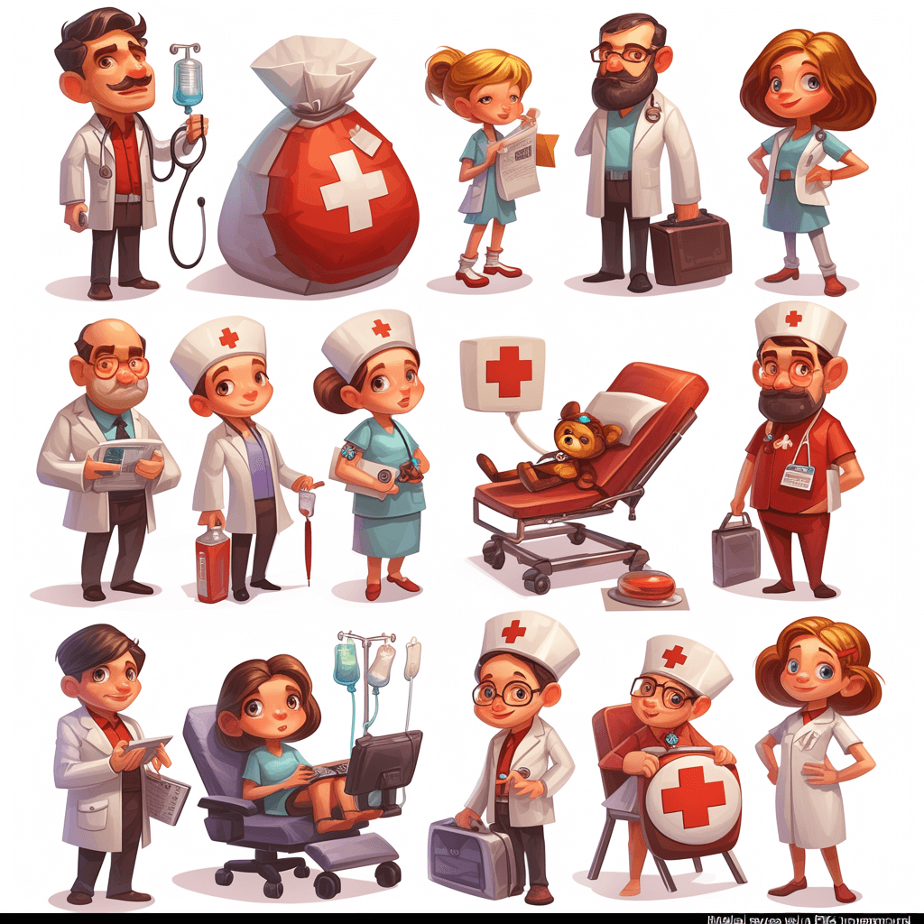 A set of cartoon-style characters for a medical theme, featuring doctors and nurses in various positions with different equipment like a bag full of red cross signs, seen in the style of Luigi B’s online game on a white background, vector illustrations with perfectly detailed renderings, 3D digital art, concept design sheets, character sheets, concept art in the styles of [Artgerm](https://goo.gl/search?artist%20Artgerm), [Greg Rutkowski](https://goo.gl/search?artist%20Greg%20Rutkowski) and [Alphonse Mucha](https://goo.gl/search?artist%20Alphonse%20Mucha), on a white background with a white color palette, at a high resolution.