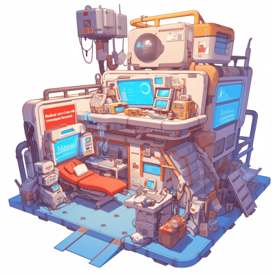 A concept art of "Medical learning space on the spaceship", simple and cute, in a cartoon style with an isometric view at a high resolution on a white background, done as a digital painting and drawing with bright colors, showing futuristic medical equipment and instruments along with computers, monitors, beds, and a laboratory, all in full color.