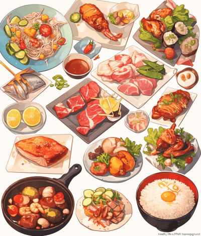 Illustrations of various Korean dishes, such as delicious meat and fish dishes, rice with vegetables, fried eggs in a pan, on a white background, high resolution, high quality, digital art, colorful, vector illustration, digital painting, high detail, hyperrealistic, sharp focus, with no blur, grainy texture, blurring, artifacts, grime, noise, gradient shading, graininess, or blu ray. The illustrations are in the style of realistic digital art.