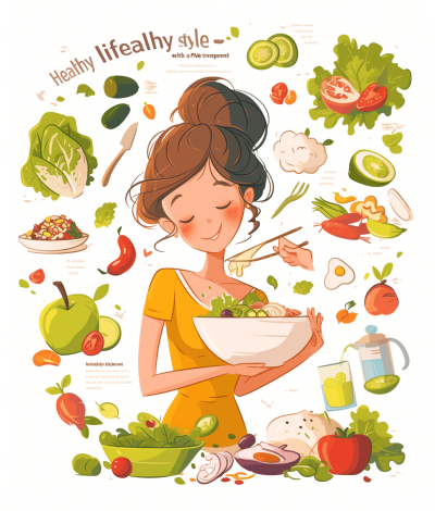 A woman eating healthy food, surrounded by various vegetables and fruits vector illustration with text " salon of the health lifestyle" on white background. She is holding an apple in one hand and cooking utensils like folding knife and bowl in other hands. The clipart has colorful illustrations that represent different types of orange color salad with ingredients such as lettuce, tomatoes, oranges, egg!" Isolated transparent PNG format for easy cut out