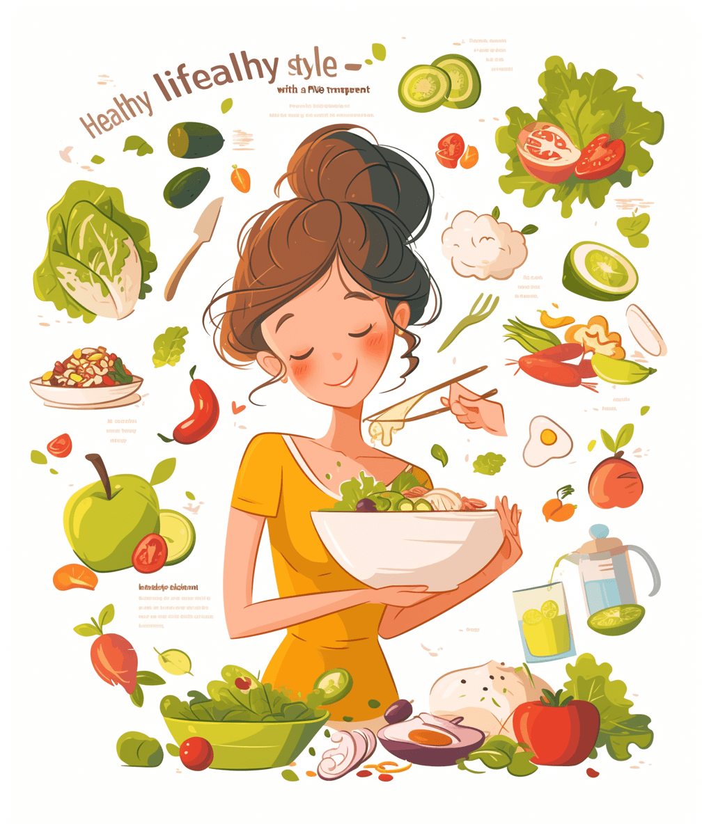 A woman eating healthy food, surrounded by various vegetables and fruits vector illustration with text ” salon of the health lifestyle” on white background. She is holding an apple in one hand and cooking utensils like folding knife and bowl in other hands. The clipart has colorful illustrations that represent different types of orange color salad with ingredients such as lettuce, tomatoes, oranges, egg!” Isolated transparent PNG format for easy cut out