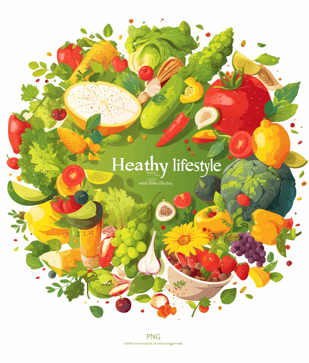 Country lifestyle with healthy food and vegetables, fruit vector flat illustration of round shape design on white background in the style of “3d” illustration. A lot of fresh fruits and vegetables in the circular frame for icons. Sun light. Vector illustration of a beautiful colorful scene of healthy life, watercolor summer clipart, cartoon, hyper realistic, high resolution, professional photograph, detailed, very sharp.