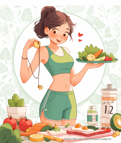 A beautiful girl in sportswear stands with her hands on the table, holding up food and showing off her curves, surrounded by various healthy foods such as fruits, vegetables, and nuts, all depicted in an illustrative style. The light green background has white patterns of health information numbers. The cartoon characters are cute and have a transparent gradient color scheme. Her hair has loving elements, and she wears sports shorts that show off her muscles.