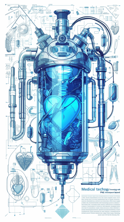vector graphics poster with the theme "medical technology" in blue color, a biopunk tank of glass and metal containing liquid inside which floats a human heart surrounded by various tools for medical production, white background, vector art, detailed design in the style of njeware.