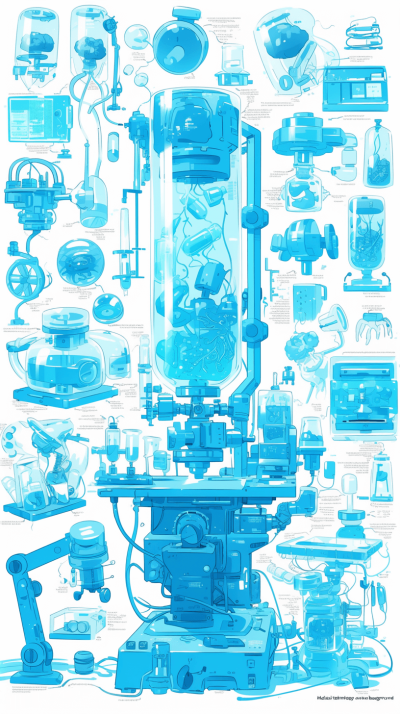 Manuscript of aqua blue depicting fuzzy high-tech laboratory equipment and tools, tiny humanoid creatures made of glass floating inside huge test tubes, with many details, on a white background, in the vector graphics style, arranged in a knolling layout.