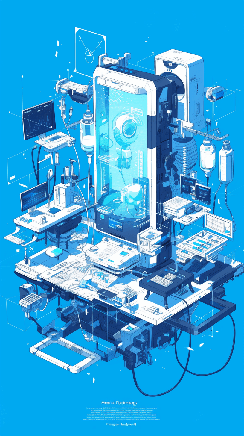 Medieval Medical Tech Isometric Poster Design, blueprint of a futuristic hospital room with lots of equipment and a big phone in the middle, white and blue colors, vector art style, in the style of [Tomer Hanuka](https://goo.gl/search?artist%20Tomer%20Hanuka), isochromatic lighting, it meets a cyberpunk aesthetic, high resolution.