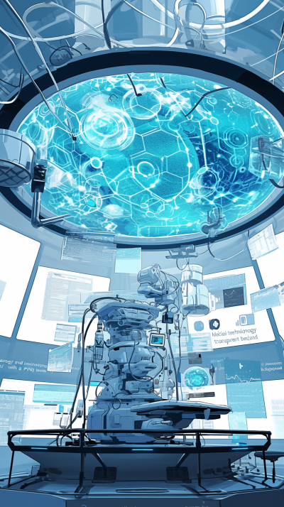 In the center of an illustration is a medical device that appears to be robotic or digital, surrounded by various health data and charts on computer screens. Above it in front of them hangs what looks like part of a large circular glass ceiling with light blue reflections. The background includes elements such as white walls, futuristic designs, and several wires connecting into the mechanical object. It's set against a backdrop of a hightech environment.