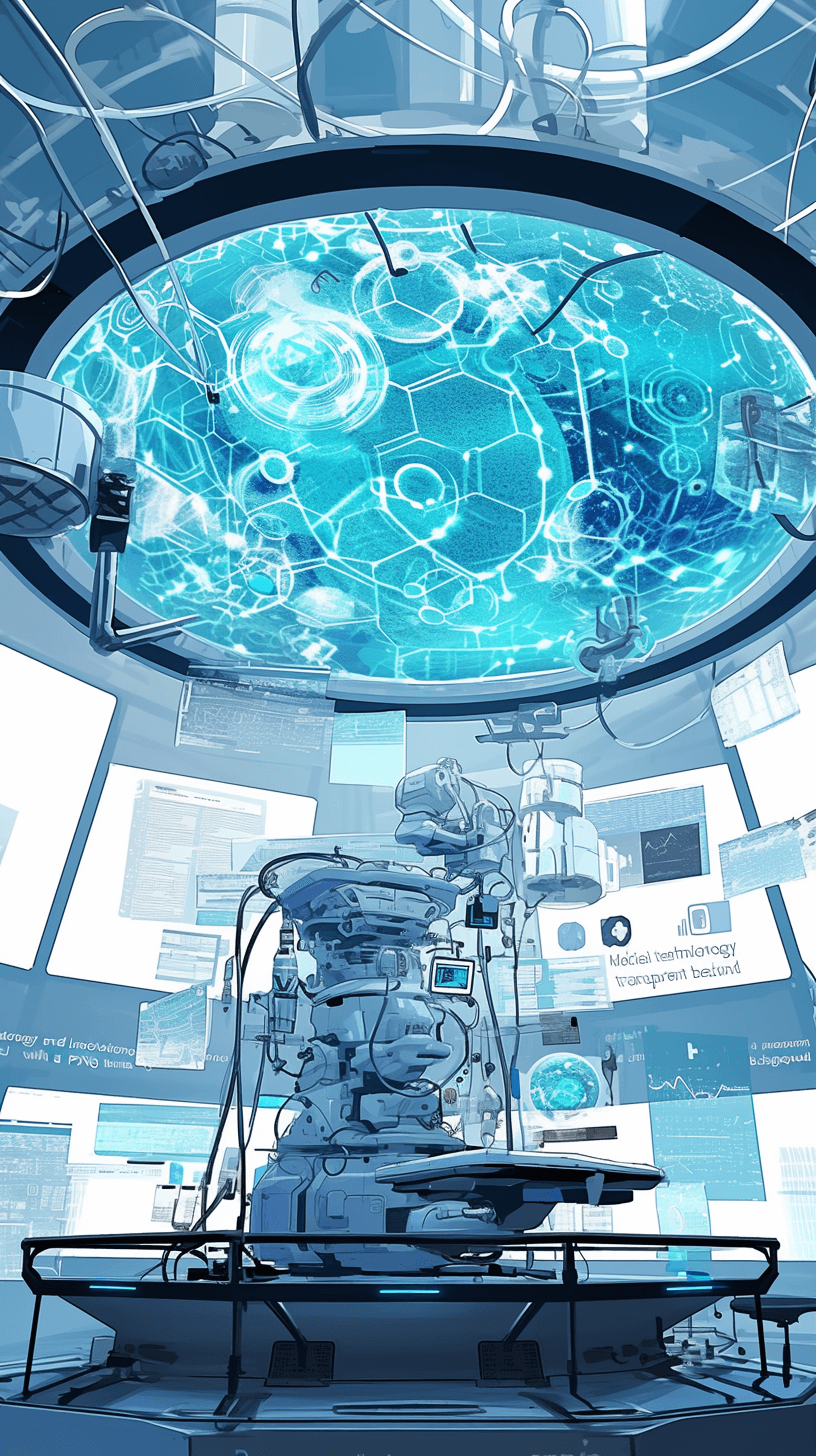 In the center of an illustration is a medical device that appears to be robotic or digital, surrounded by various health data and charts on computer screens. Above it in front of them hangs what looks like part of a large circular glass ceiling with light blue reflections. The background includes elements such as white walls, futuristic designs, and several wires connecting into the mechanical object. It’s set against a backdrop of a hightech environment.