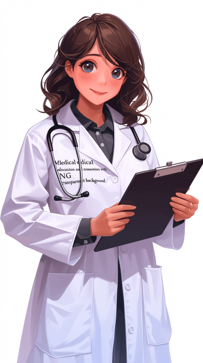 A cute young female doctor with brown hair, wearing a white lab coat and holding medical records in her hands, is depicted in the style of anime. The background of the illustration should be transparent to highlight the character's facial features. Emphasize realistic details while maintaining warm tones. Ensure that she has no beard or mustache, and use digital art techniques for coloring.