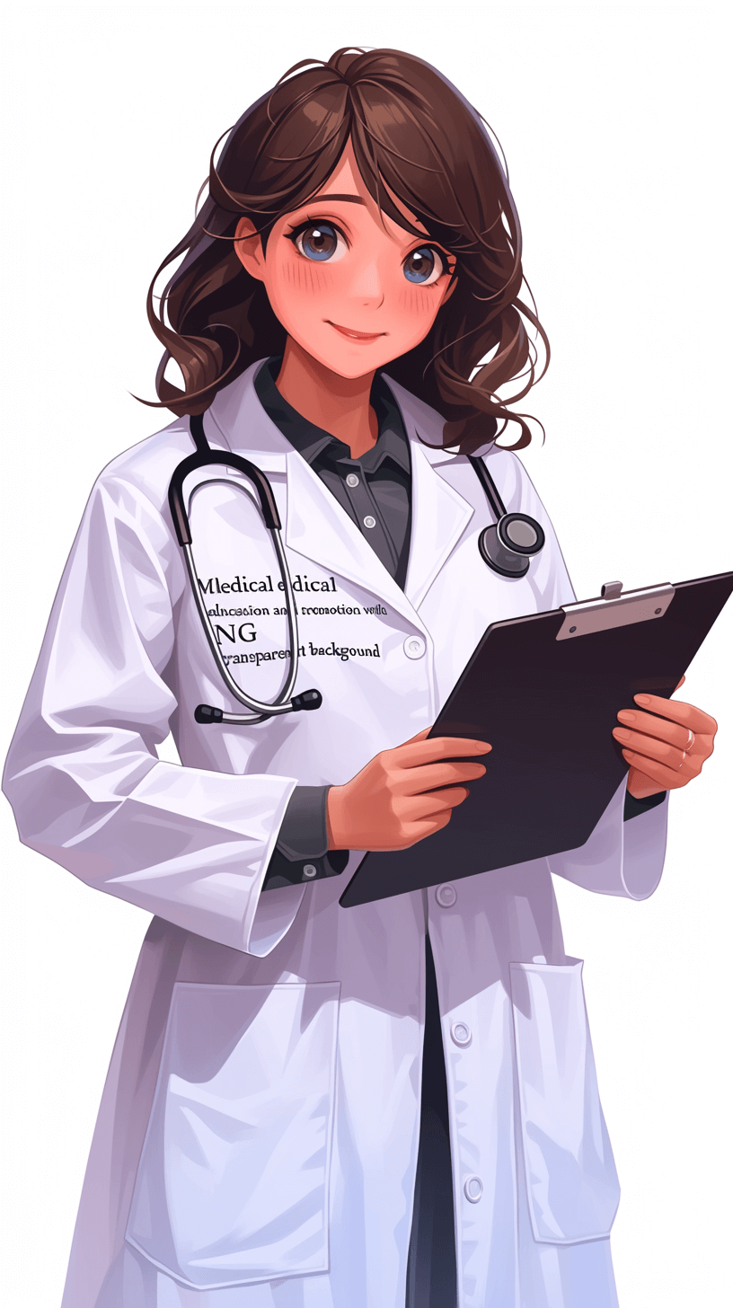 A cute young female doctor with brown hair, wearing a white lab coat and holding medical records in her hands, is depicted in the style of anime. The background of the illustration should be transparent to highlight the character’s facial features. Emphasize realistic details while maintaining warm tones. Ensure that she has no beard or mustache, and use digital art techniques for coloring.