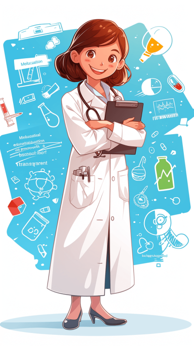 create an illustration of the cartoon character female doctor in white coat with clip board, vector art style with background of medical icons and symbols. Use bright blue color palette to create a friendly atmosphere for children's book illustrations. The design should convey childfriendly vibe while highlighting her role as healthcare professional.