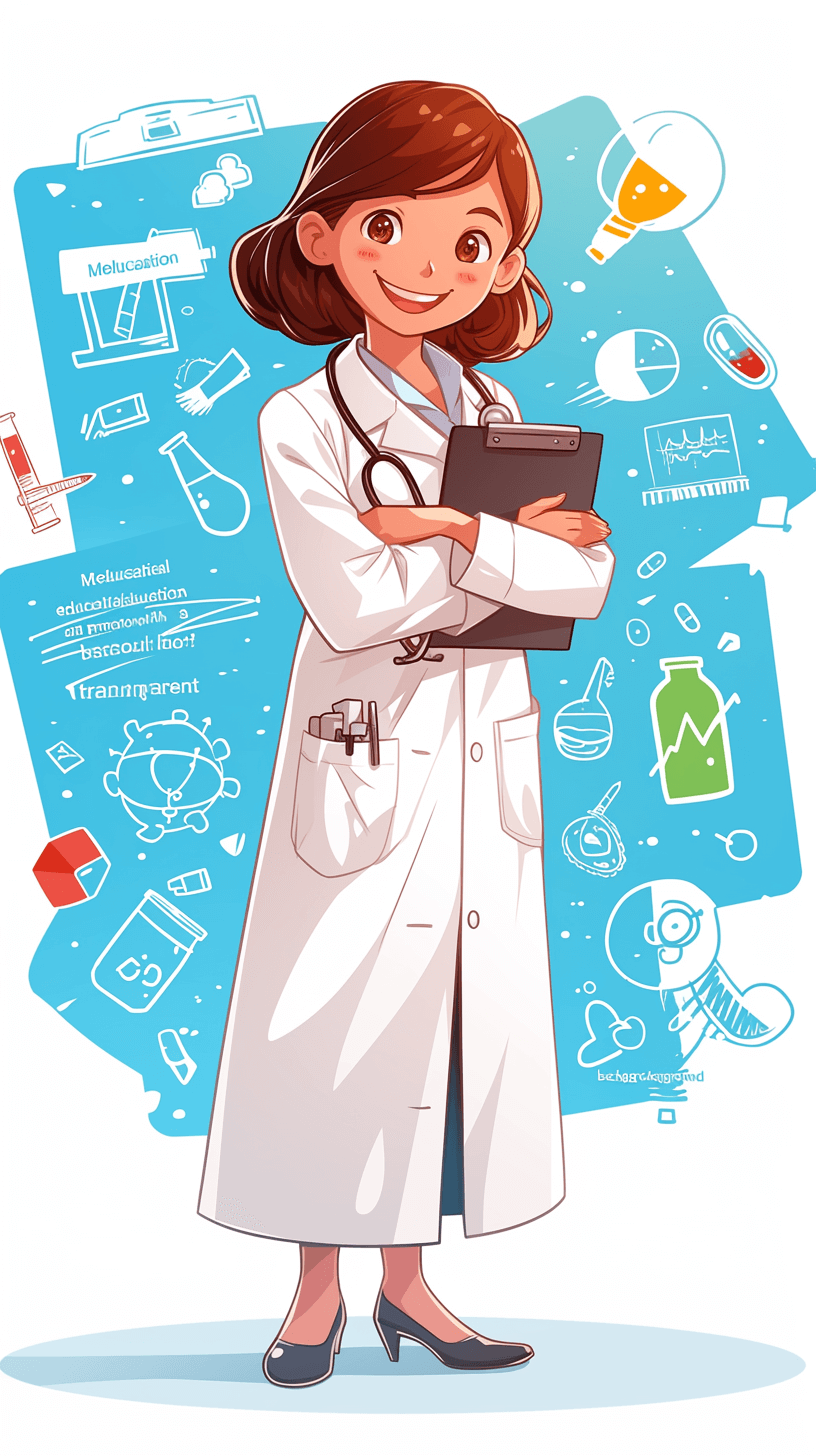 create an illustration of the cartoon character female doctor in white coat with clip board, vector art style with background of medical icons and symbols. Use bright blue color palette to create a friendly atmosphere for children’s book illustrations. The design should convey childfriendly vibe while highlighting her role as healthcare professional.