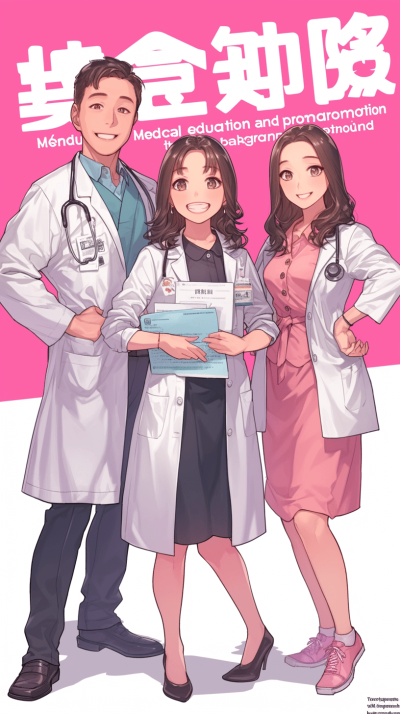 "Medical education and promotion theme poster, three people wearing doctor's smiling happily at the camera, pink background with white text written on it, full body portrait, in the style of Japanese anime." in the style of [Atey Ghailan](https://goo.gl/search?artist%20Atey%20Ghailan), in the [Bill Sienkiewicz](https://goo.gl/search?artist%20Bill%20Sienkiewicz) comic book art style.