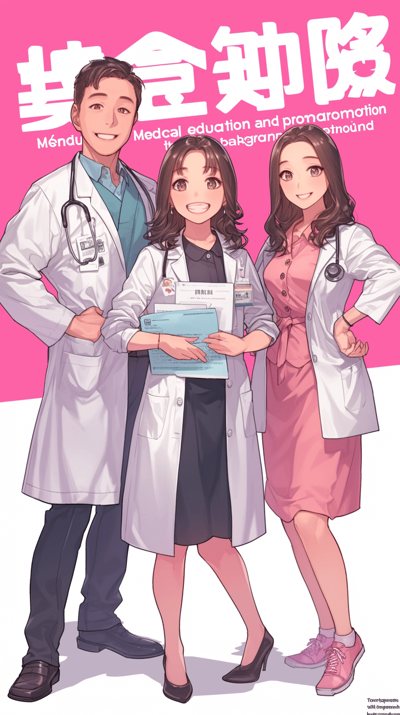 “Medical education and promotion theme poster, three people wearing doctor’s smiling happily at the camera, pink background with white text written on it, full body portrait, in the style of Japanese anime.” in the style of [Atey Ghailan](https://goo.gl/search?artist%20Atey%20Ghailan), in the [Bill Sienkiewicz](https://goo.gl/search?artist%20Bill%20Sienkiewicz) comic book art style.