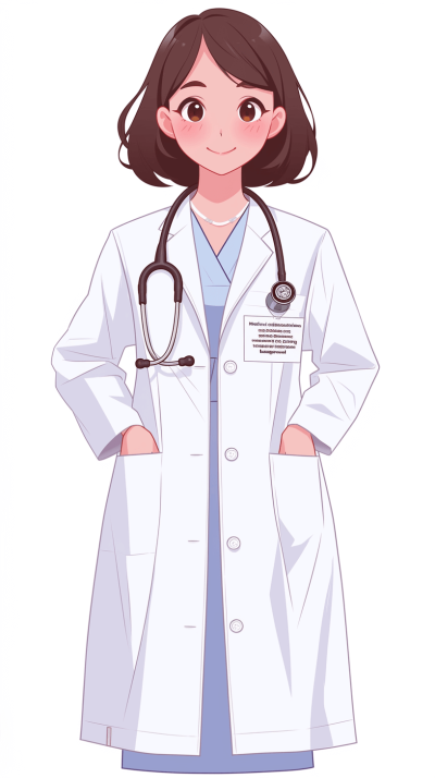 A cute female doctor in a white coat, full body portrait holding a stethoscope around her neck and with her hands on her waist, simple background, in the style of cartoon, in the style of illustration, in the Qversion handdrawn manga style, using vector graphics, white solid color background, wearing a blue dress, simple details, no patterns, with a smiling face, black hair.