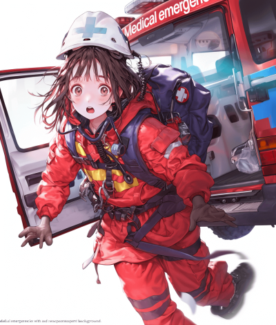 An anime-style illustration of "medical emergency with ambulance background" featuring the main character, a cute girl in a red fireman suit and white helmet, carrying out a rescue mission in a full body shot, with high resolution, colorful, and vibrant colors. Ensure that all elements like skin texture are detailed and clear to capture every detail with stunning realism in the style of the original artist.