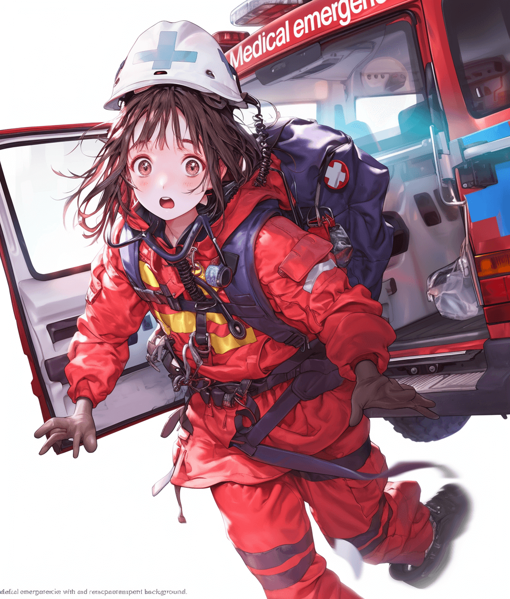 An anime-style illustration of “medical emergency with ambulance background” featuring the main character, a cute girl in a red fireman suit and white helmet, carrying out a rescue mission in a full body shot, with high resolution, colorful, and vibrant colors. Ensure that all elements like skin texture are detailed and clear to capture every detail with stunning realism in the style of the original artist.