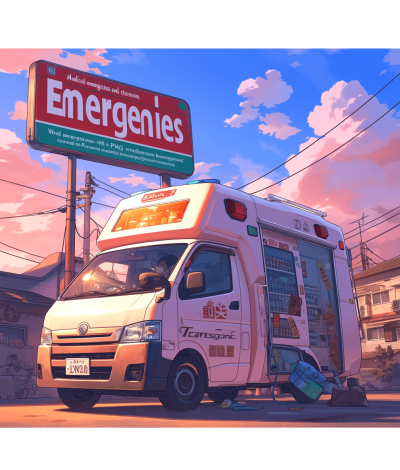 A cute anime style illustration of an ambulance with the words "Medical emergency service" on it and another sign saying "ESTRACT the streets", parked in front of a hospital, with a pink sky background. The image is colorful, highly detailed, with a dynamic pose and shot from a high angle. Behind is a large billboard reading 'emergrenades', in the style of [Studio Ghibli](https://goo.gl/search?artist%20Studio%20Ghibli) and in the style of [Makoto Shinkai](https://goo.gl/search?artist%20Makoto%20Shinkai). The illustration is trending on ArtStation.