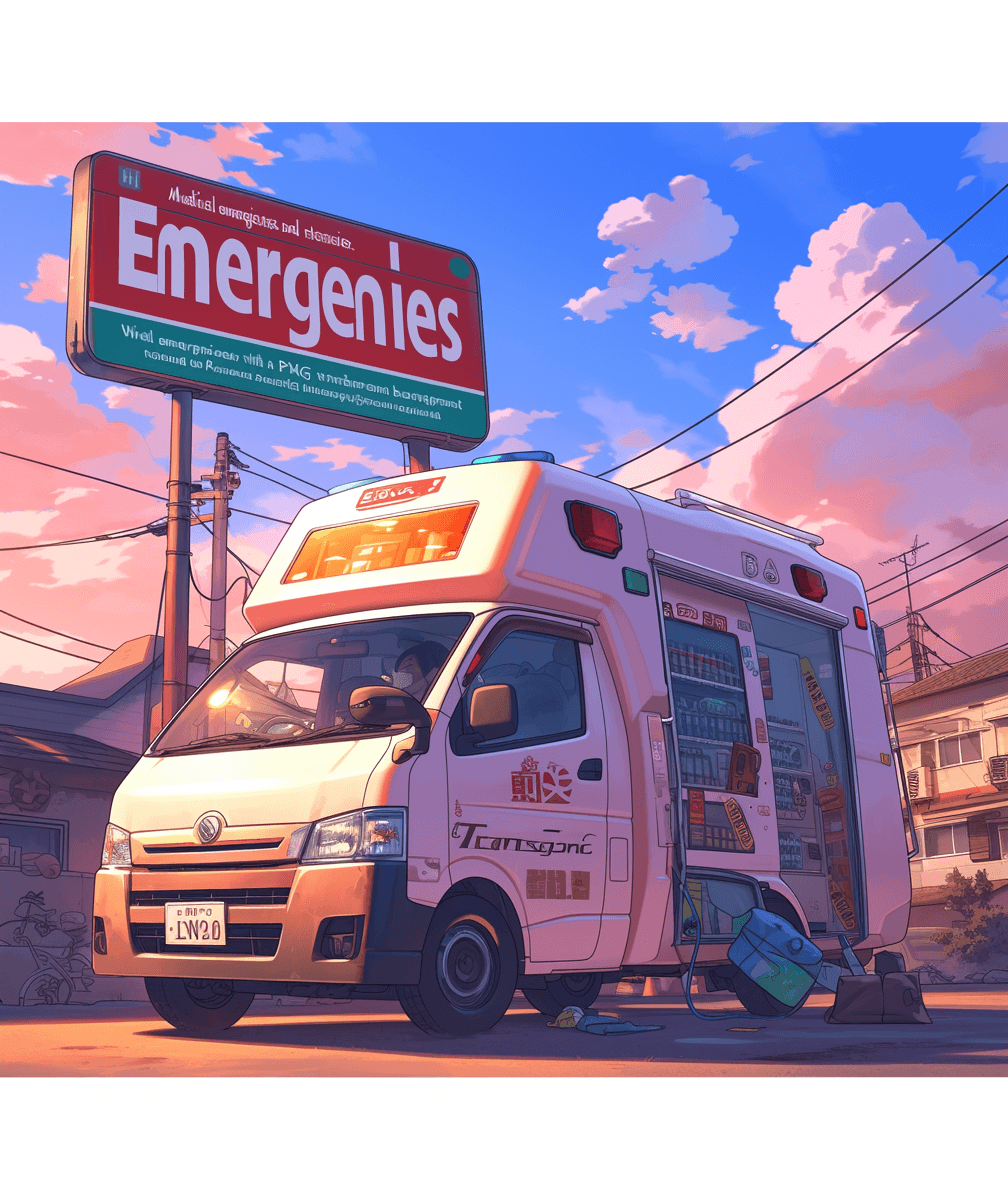 A cute anime style illustration of an ambulance with the words “Medical emergency service” on it and another sign saying “ESTRACT the streets”, parked in front of a hospital, with a pink sky background. The image is colorful, highly detailed, with a dynamic pose and shot from a high angle. Behind is a large billboard reading ’emergrenades’, in the style of [Studio Ghibli](https://goo.gl/search?artist%20Studio%20Ghibli) and in the style of [Makoto Shinkai](https://goo.gl/search?artist%20Makoto%20Shinkai). The illustration is trending on ArtStation.