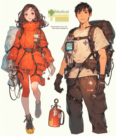 In the style of Japanese anime, design character concept art for " medical emergency rescue team", full body shot, wearing orange jumpsuit and white tshirt with black trim, carrying an oxygen tank on their back, female is tall brunette, male has short brown hair. White background. Anime manga by [Akihiko Yoshida](https://goo.gl/search?artist%20Akihiko%20Yoshida), [Krenz Cushart](https://goo.gl/search?artist%20Krenz%20Cushart), [Makoto Shinkai](https://goo.gl/search?artist%20Makoto%20Shinkai), Yoji shonigawa, pale color palette, soft shading, high resolution, detailed, flat colors, 2d game art, [Studio Ghibli](https://goo.gl/search?artist%20Studio%20Ghibli), flat colors