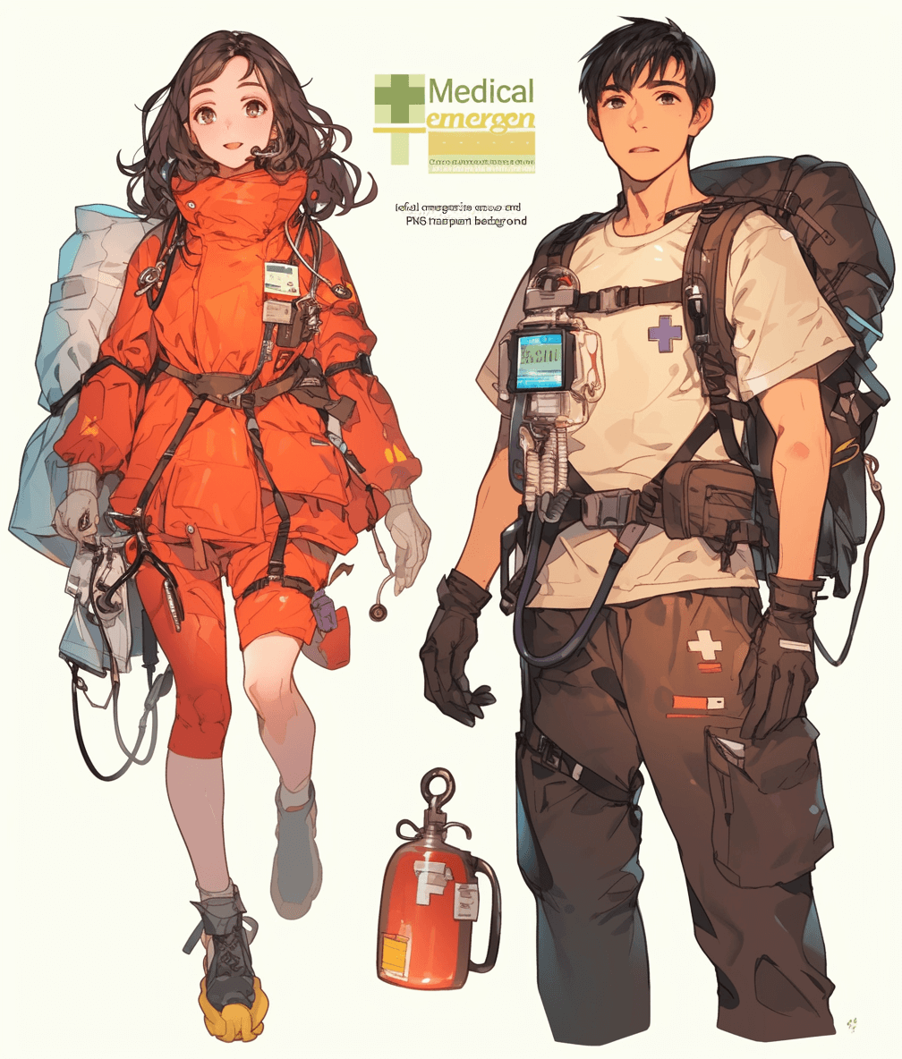 In the style of Japanese anime, design character concept art for ” medical emergency rescue team”, full body shot, wearing orange jumpsuit and white tshirt with black trim, carrying an oxygen tank on their back, female is tall brunette, male has short brown hair. White background. Anime manga by [Akihiko Yoshida](https://goo.gl/search?artist%20Akihiko%20Yoshida), [Krenz Cushart](https://goo.gl/search?artist%20Krenz%20Cushart), [Makoto Shinkai](https://goo.gl/search?artist%20Makoto%20Shinkai), Yoji shonigawa, pale color palette, soft shading, high resolution, detailed, flat colors, 2d game art, [Studio Ghibli](https://goo.gl/search?artist%20Studio%20Ghibli), flat colors