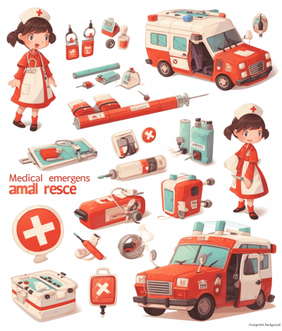 This illustration features different medical emergency items such as an ambulance, red cross, and other nurse tools. The text "internal rescue" appears in white letters on a transparent background. The style should be cartoonish with bold lines and flat colors. A cute girl dressed in the style of characters from old anime games popular around 2005 would stand next to some first aid supplies. She has short hair and wears scrubs or traditional children's hospital attire.